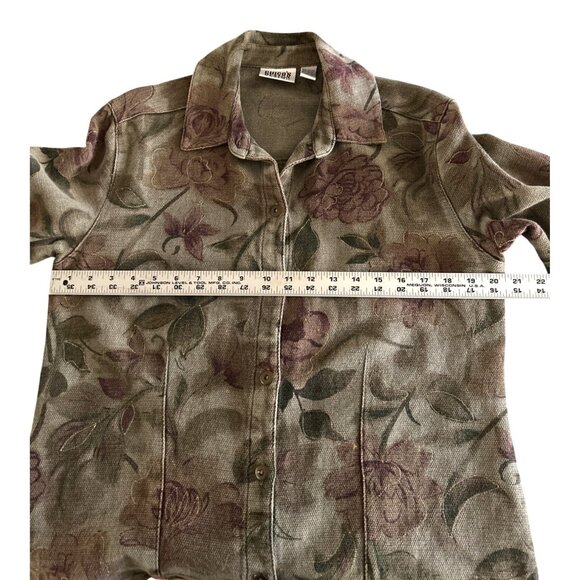 Chicos Design Olive Purple Floral Button-Up Jacket Size 1 Gold Metallic Detail - Picture 6 of 8